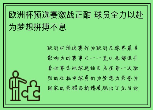 欧洲杯预选赛激战正酣 球员全力以赴为梦想拼搏不息 欧洲杯预选赛激战正酣 球员全力以赴为梦想拼搏不息